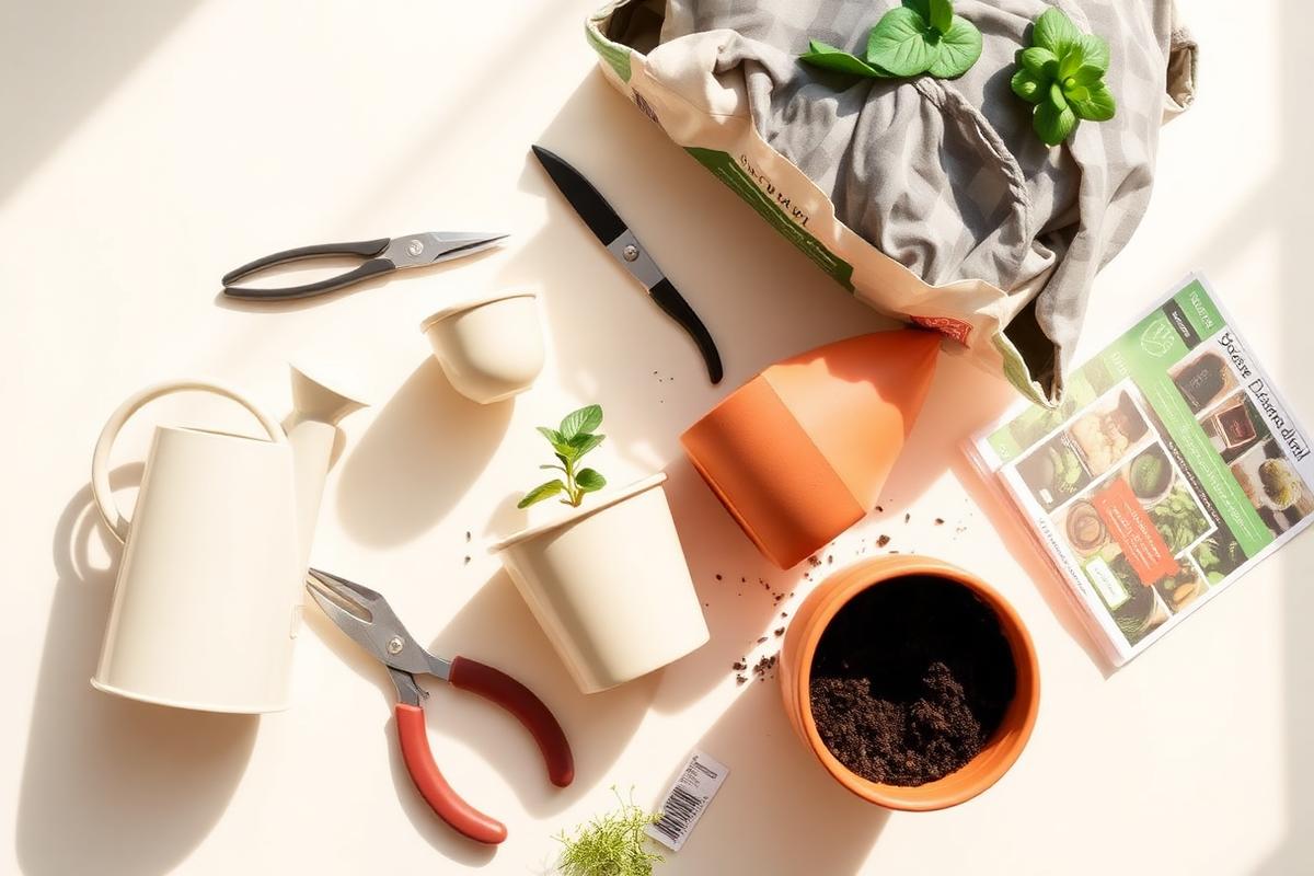 Flat lay of indoor gardening tools, planters, soil and seed packets on a cream surface