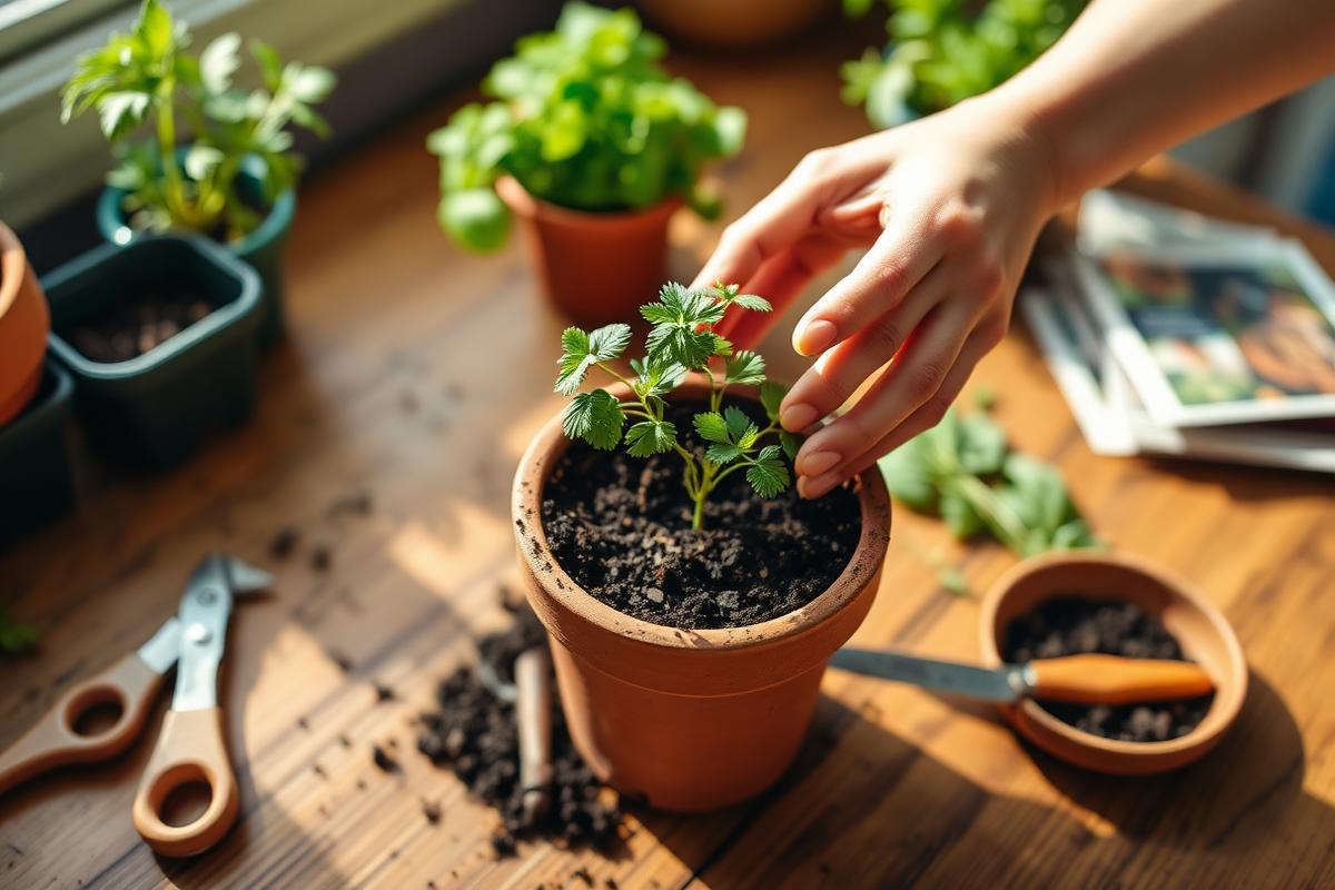 Beginner planting a herb seedling into a terracotta pot with soil and tools nearby