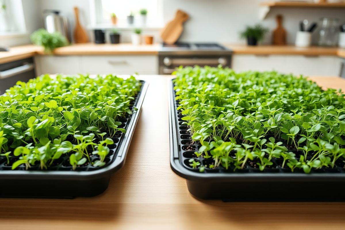 Two trays of dense green microgreens growing on a light wood countertop